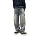 Men's Vintage Workwear Jeans Distressed Washed Blue Relaxed Straight Fit Utility Pockets Raw Hem Denim_mkmklike.com