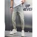 American High Street Washed Denim Jeans For Men, Slim Fit, Trendy Brand, Letter Print, Colorful Paint, Distressed, Slim Fit Straight Leg Trousers._mkmklike.com