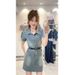 ELLE Summer New Style Petite Chic Retro Short Sleeve Slimming Elegant Denim Bodycon Mini Dress_mkmklike.com
