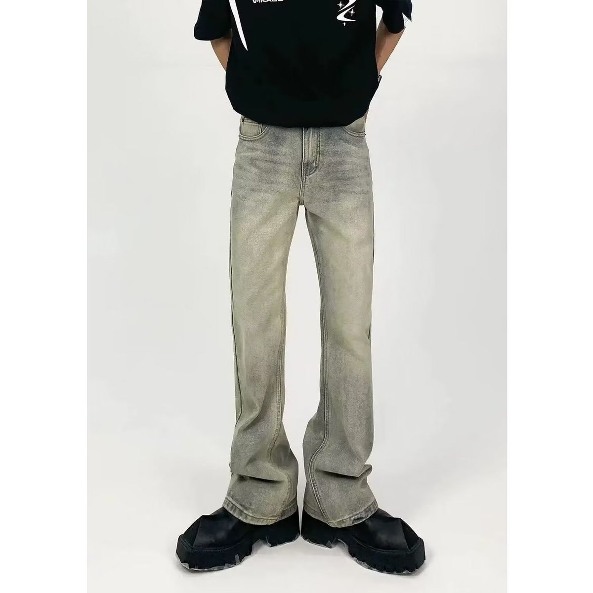 Men's Clothing Distressed Cleanfit Vintage Men's Distressed Clean Fit Jeans – Vintage Muddy Yellow Straight-Leg Denim Pants (S-3XL)_mkmklike.com