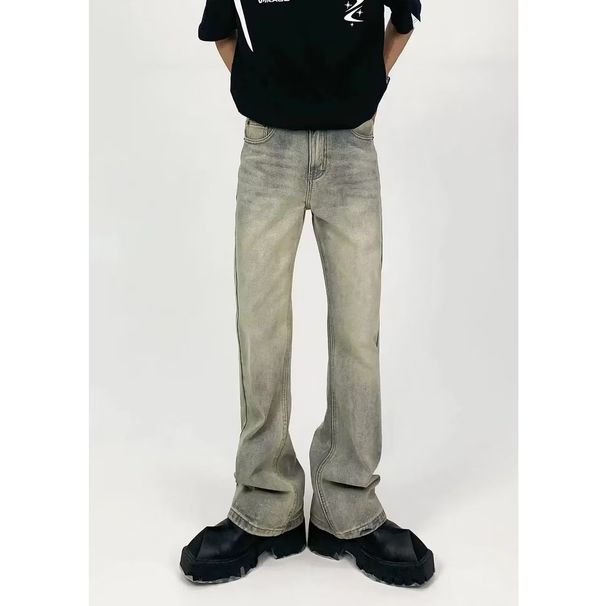 Men's Clothing Distressed Cleanfit Vintage Men's Distressed Clean Fit Jeans – Vintage Muddy Yellow Straight-Leg Denim Pants (S-3XL)_mkmklike.com