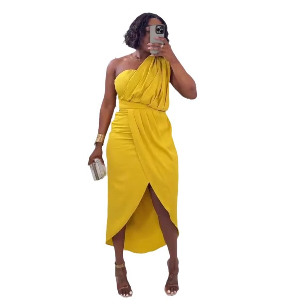 Women's Clothing solid color pleated tube top slim fit slit dress_mkmklike.com