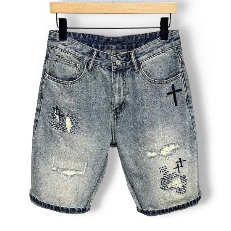 Men's Summer Denim Shorts Trendy Brand Ripped Patch Embroidered Handsome Straight Pants_mkmklike.com