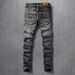 Men's Clothing Retro Ripped Jeans For Men Black Grey Washed Distressed Personality Worn Patches Slim Fit Trousers_mkmklike.com