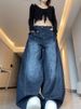 American Retro Dark Blue High-Waisted Straight-Leg Jeans For Women, Autumn And Winter High Street Design, Loose Slimming_mkmklike.com