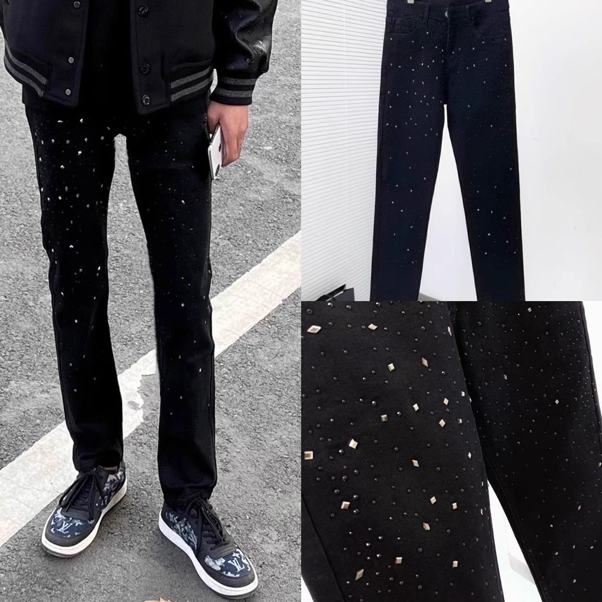 Men's Slim Fit Straight Leg Jeans Rhinestone Embellished Trendy Cool Casual Black Retro Versatile Online Popular_mkmklike.com