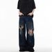 Men's Clothing Retro Distressed Beggar Hole Design Mopping Washed Jeans Niche High Street Loose Versatile Wide Leg Pants_mkmklike.com