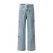 Design Sense Multi-Pocket Denim Cargo Men's High Street Washed Embroidered Patch Pocket Niche Personality Straight-Leg_mkmklike.com