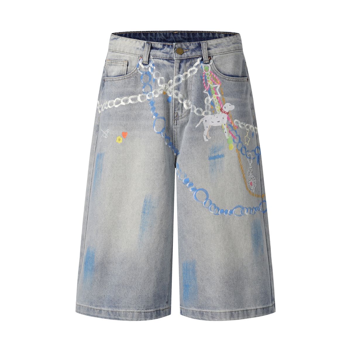 Men's Clothing Street Personality Cartoon Hand Painted Distressed Wide Leg Jeans Washed Distressed Loose Embroidered Wide Leg Pants_mkmklike.com