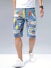 Men's Denim Shorts With Holes, Randomly Painted Men's Mid Length Shorts, Multi Craft Shorts, Straight Leg Worn-out Men's Pants_mkmklike.com