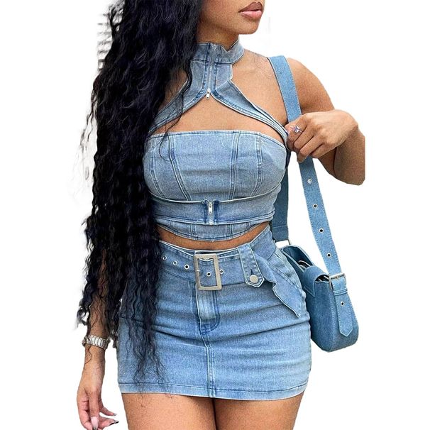 NY8163 Washed Stretch Denim Skirt Set Halter Neck Zipper Casual European And American Style Women's Clothing_mkmklike.com