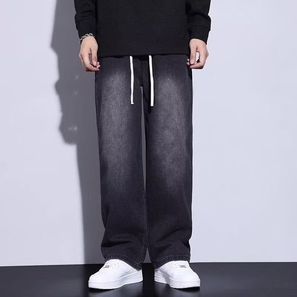 Men's Retro Style Lightweight Distressed Jeans High Street Washed Elastic Waist Straight Leg Wide Leg Long Pants Trendy Spring Autumn_mkmklike.com
