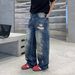 Vintage Distressed Denim Jeans For Men & Women - Relaxed Straight Leg High Street Style With Hand-Painted Details (Blue, Multiple Sizes)_mkmklike.com