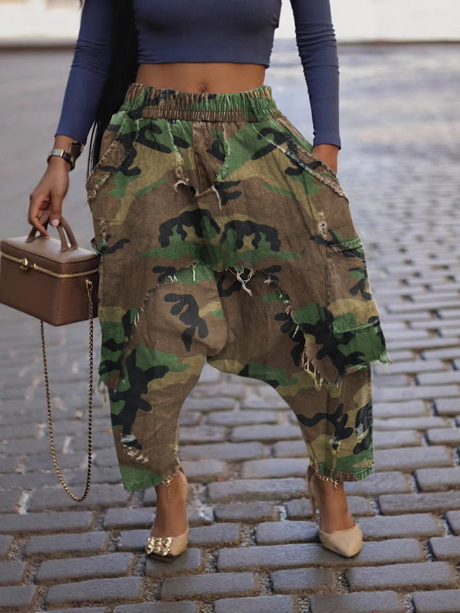 Women's Clothing Trendy Camouflage Ripped Harem Pants For Women Loose Street Style Drop Crotch Distressed And Ripped_mkmklike.com
