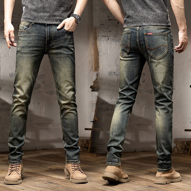 Men's Retro Stretch Denim Jeans Slim Fit Straight Leg Korean Style Casual Pants Black Gray Blue mid Waist Long Autumn Winter Trendy_mkmklike.com