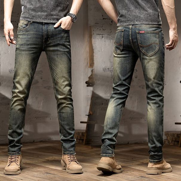 Men's Retro Stretch Denim Jeans Slim Fit Straight Leg Korean Style Casual Pants Black Gray Blue mid Waist Long Autumn Winter Trendy_mkmklike.com