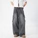 Men's Washed Distressed Work Jeans Spring Summer New Style Three-Dimensional Pockets Straight Loose Fit Long Pants_mkmklike.com