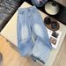 Women's High Waist Straight Leg Cropped Jeans With Gradient Blue Embroidery & Rhinestone Detail, Relaxed Fit, Summer Casual Trousers_mkmklike.com