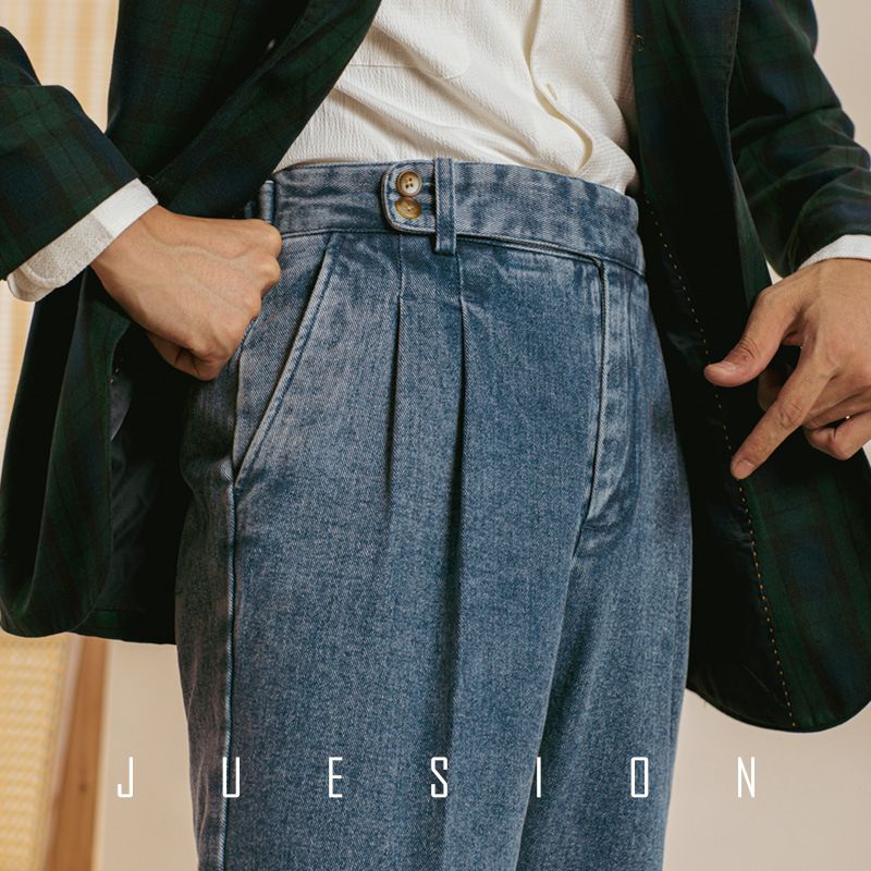Men's Clothing Autumn and Winter Naples Retro High Waist Straight Pants Japanese Gentleman's Mix and Match Heavy Washed Denim Casual Pants Trousers_mkmklike.com