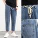 Men's Trendy Solid Color Cropped Harem Jeans Tapered Loose Straight Leg 'Dad' Pants Low Waist Blue Spring Autumn Versatile_mkmklike.com