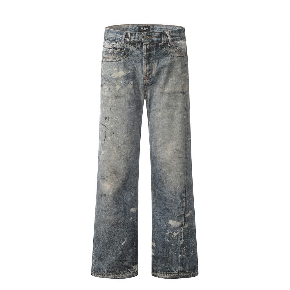 Punk Vintage Ink Splash Painted Denim Straight Men's Hip Hop Street Washed Dirty Wide Leg Long Pants Trendy_mkmklike.com