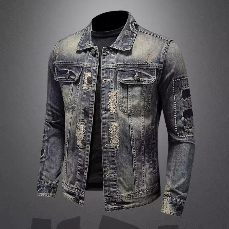 Men's Clothing Denim Jacket Men Spring And Autumn American Retro Distressed Trend Slim Fit Motorcycle Jacket Workwear Casual Tops Men_mkmklike.com