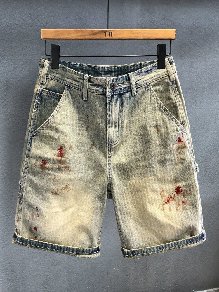 Men's Distressed Herringbone Textured Workwear Denim Shorts High End Summer Thin Loose Five Point Trendy Brand_mkmklike.com