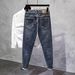 Thin Light Blue Washed Stretch Slim Fit Cropped Jeans For Summer Ripped Hem Trendy Casual Jeans_mkmklike.com