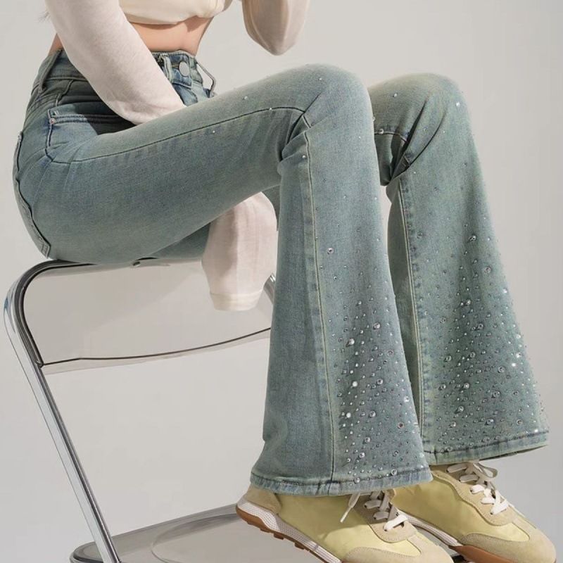 Women's Clothing Spring Light Luxury Design Hot Diamond Full Of Stars Flared Jeans Trousers_mkmklike.com