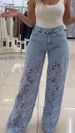 Plus Size Women's Stretch Denim Jeans With Cut-Out Lace Splicing Summer New High Waist Wide Pants Elegant Female Chic Trousers_mkmklike.com