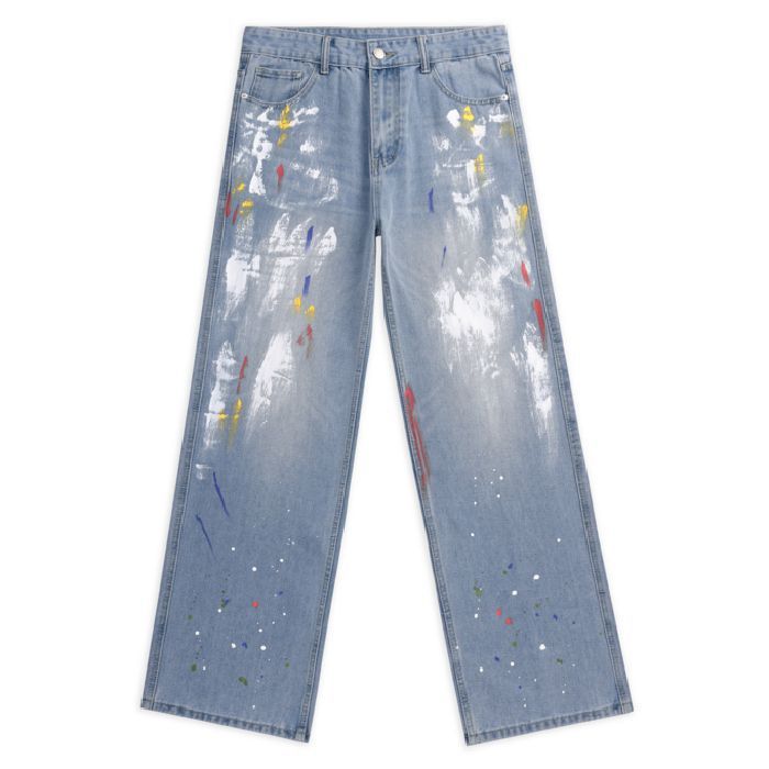Streetwear Paint Splatter Baggy Jeans - Unisex Oversized Straight Leg Denim Pants For Men & Women (Retro Blue, S-XXXL)_mkmklike.com