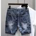 Large Size Blue Denim Shorts, Haren Straight Leg Loose Fit Five Quarter Pants, Heavy-duty Washed And Worn Horse Pants_mkmklike.com