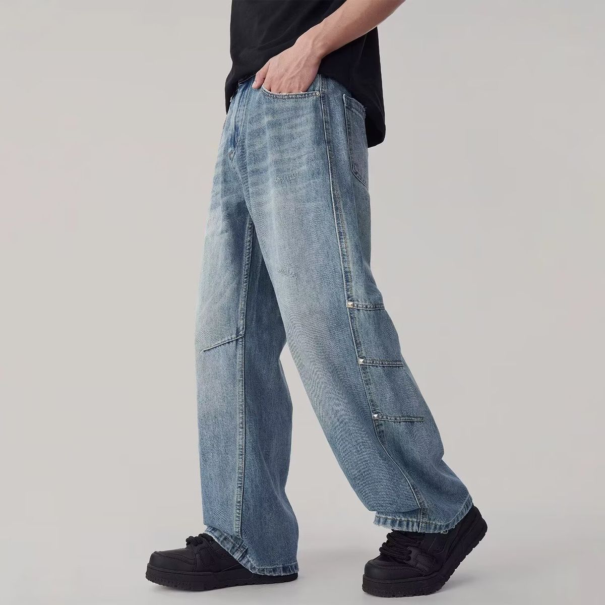 Men's Washed Distressed Jeans Hand Distressed Studded Mid Rise Slightly Flared Denim Pants For Spring Autumn New Style_mkmklike.com
