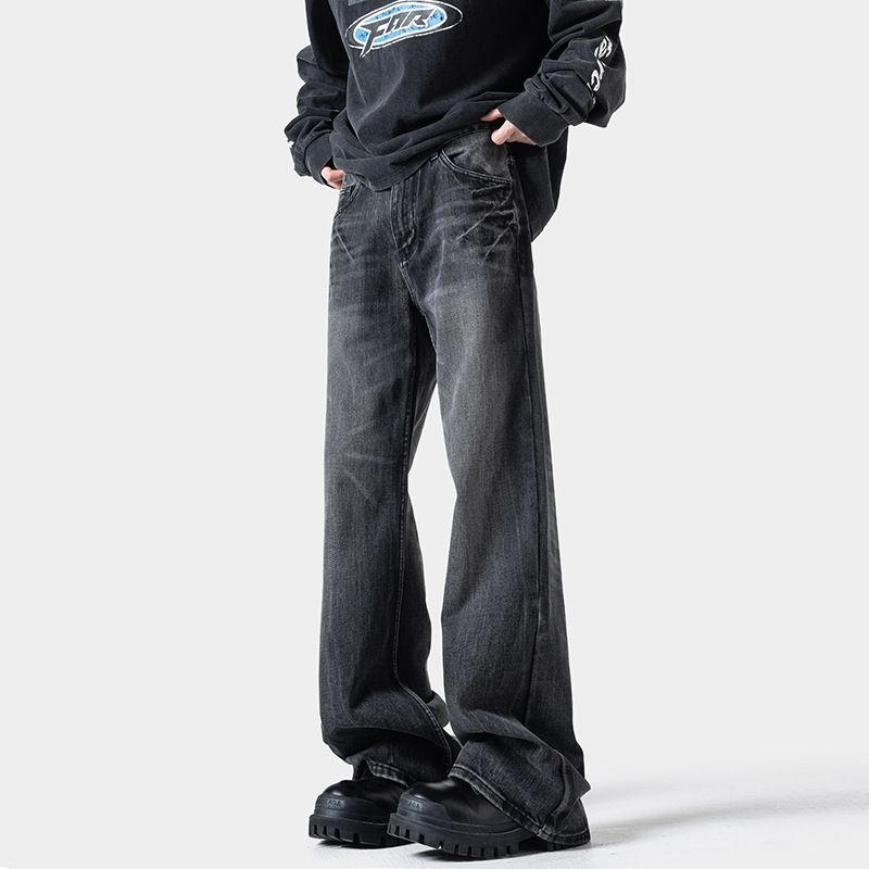 Lightning Pattern Flared Jeans For Men, Trendy Brand New Washed Retro Loose Straight Slim High Street Cool Long Pants_mkmklike.com