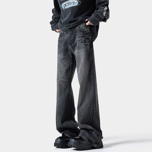 Lightning Pattern Flared Jeans For Men, Trendy Brand New Washed Retro Loose Straight Slim High Street Cool Long Pants_mkmklike.com