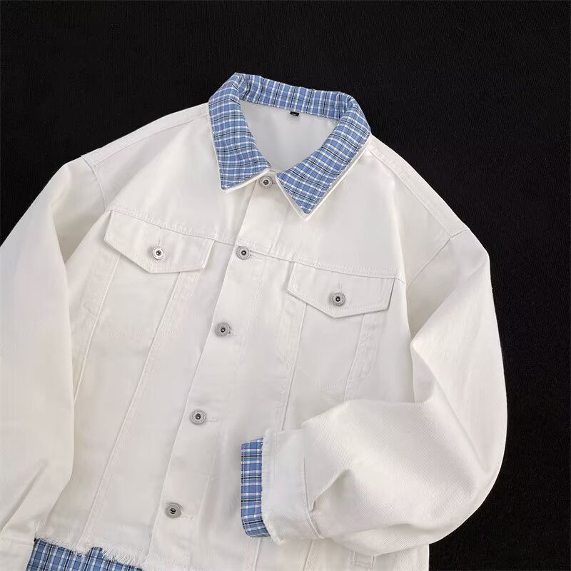 Checkered Denim Jacket With Men's And Women's Design Sense, Loose Washed Jacket Top_mkmklike.com