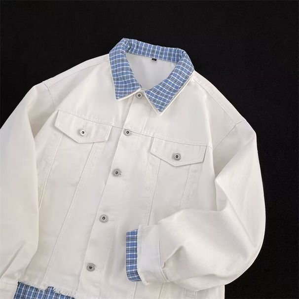 Checkered Denim Jacket With Men's And Women's Design Sense, Loose Washed Jacket Top_mkmklike.com