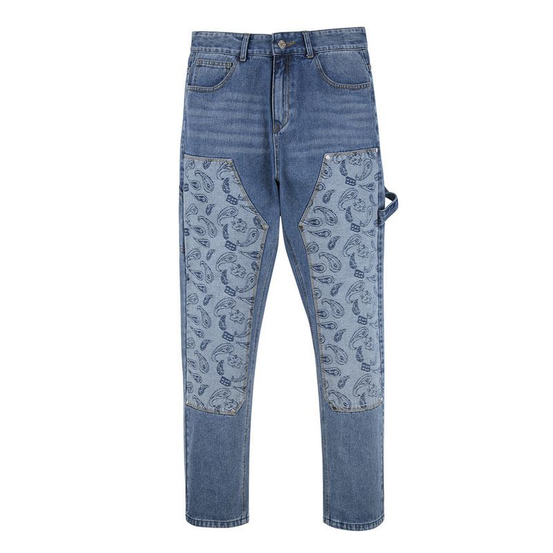 Men's Clothing High Street Fashion Stitching Washed Blue Cashew Flower Casual Skinny Jeans_mkmklike.com