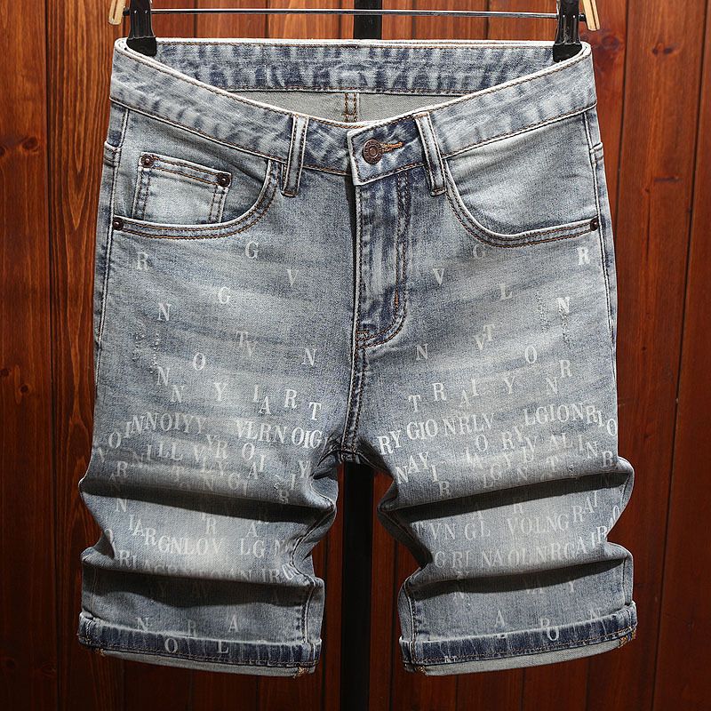 Men's Clothing High End Printed Denim Shorts Men's Slim Fit Shorts 5 Points Summer Thin Men's Breeches Mid Length Pants Trendy Fashion_mkmklike.com