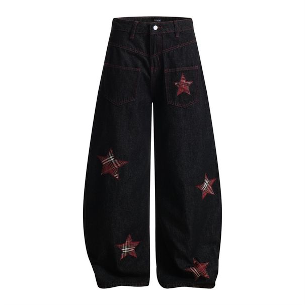 Loose Scimitar Jeans For Men, Trendy Brand, High Street Plaid Patchwork Embroidery, Five-Pointed Star Design, Unique_mkmklike.com
