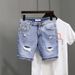 Summer Fashion Trendy Blue Denim Shorts For Men Casual Style Slim Fit Korean Version Ripped Pockets Summer Lightweight Trousers_mkmklike.com