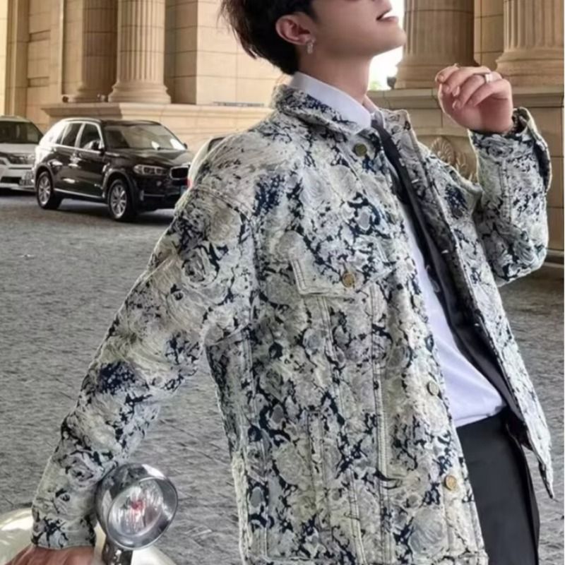 BOY Men's Denim Autumn New Fashion Trendy Jacquard Lapel Jacket Internet Celebrity Hot Style Handsome Casual Top_mkmklike.com