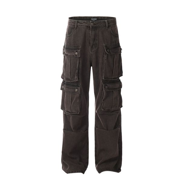 Trendy Brand Functional Multi-Pocket Cargo Tactical Men's Design Sense Niche Loose Personality Straight-Leg Denim Long_mkmklike.com