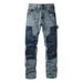 Men's Washed Blue Denim Jeans With Rhinestone & Patchwork Detail, Straight Leg Cargo Pants_mkmklike.com