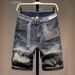 Men's Trendy Patchwork Denim Shorts Color Block Ripped Five Point mid Length Slim Fit Summer Style One-Piece Clothing_mkmklike.com