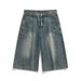 Men's Distressed Washed Denim Shorts Summer Loose Fit Wide Leg High Street Deconstructed Cargo Pants_mkmklike.com