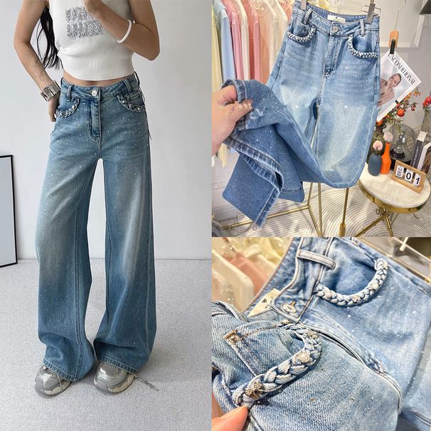 Women's High Waist Rhinestone Embellished Flared Jeans - Trendy Wide Leg Floor-Length Denim Pants For Glamorous Street Style_mkmklike.com
