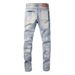 Unisex Y2K Flared Jeans, Light Blue Mud Fade, Black & White Splatter, One Ripped Knee, Breathable Summer_mkmklike.com