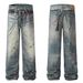 Vintage Washed Denim Jeans For Men – Relaxed Straight Leg, High Street Style, Distressed Splatter Paint Design, Comfortable Cotton Casual Pants_mkmklike.com