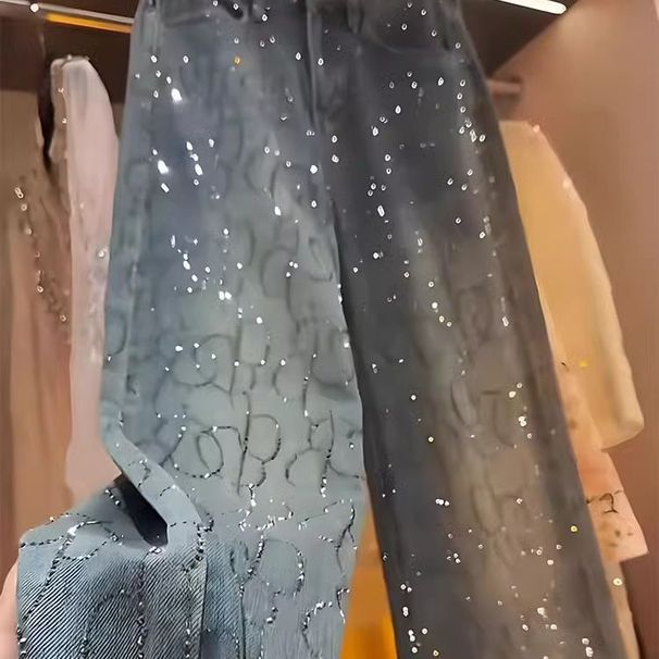 Women's High-Waisted Slimming Rhinestone Jeans Blue Loose Straight Leg Casual Fashion For Office And Autumn Winter Style_mkmklike.com